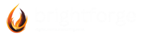 Logo with an abstract flame icon, blending orange and black, next to the text "brightforge" in lowercase. The design has a modern, dynamic feel.